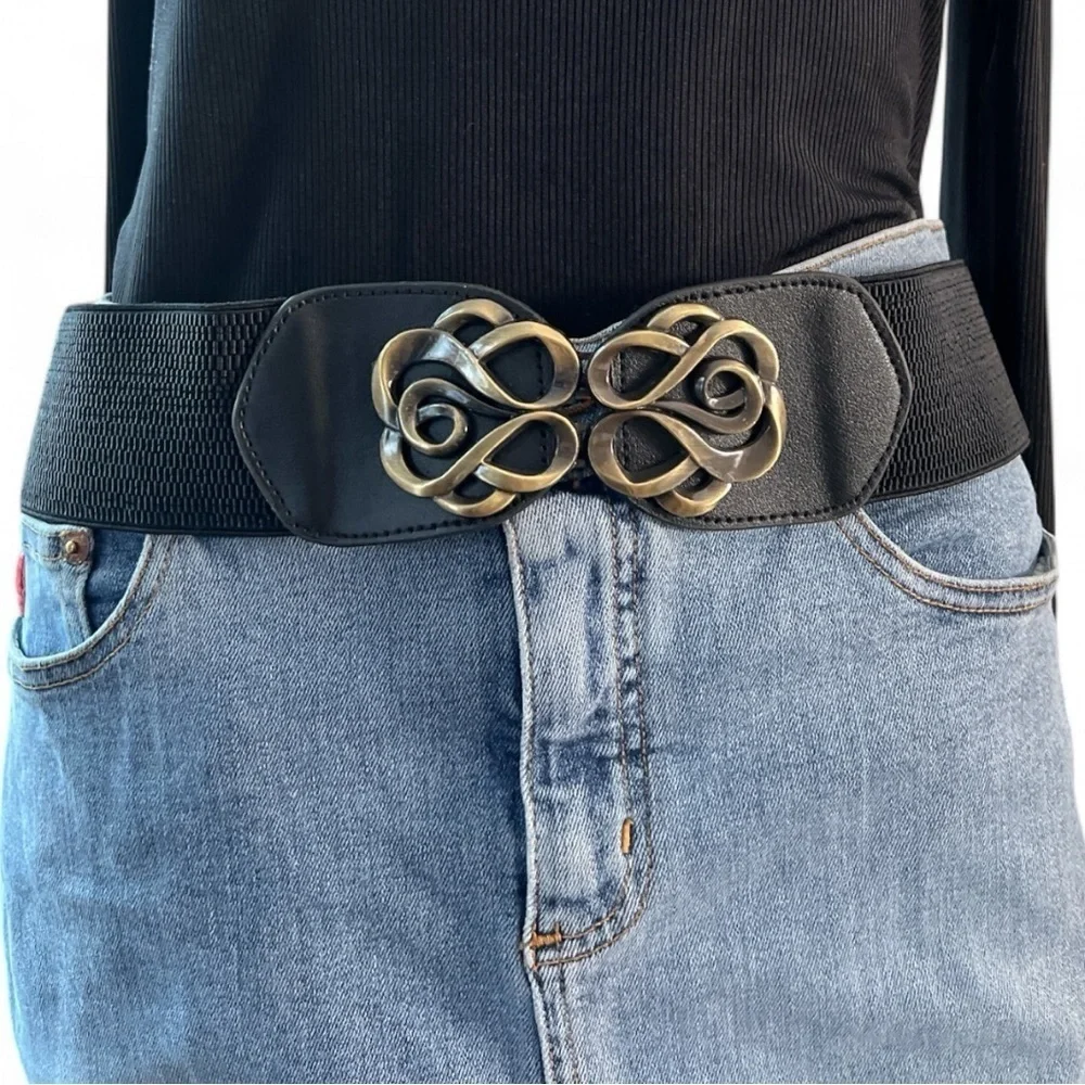 Wide Black Stretch Front Clip Belt Brushed Gold Accent Buckle Size Large - Picture 12 of 12
